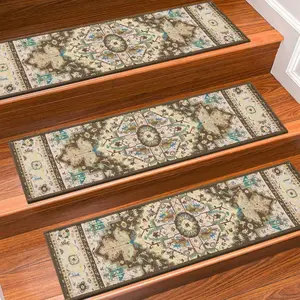 Stair Treads for Wooden Steps Indoor, 15 Pack 8" X 30" Non Slip Carpet Stair Treads with  Adhesive for  Elders and Dogs, TPR Backing Stair Rugs Oriental Staircase Step Treads,Bohemia