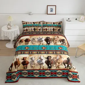 Horses Comforter Set,Horse Themed Bohemian Native Aztec African Tribal Horse Print Bedding, Boho Western Rustic Farmhouse Duvet Insert