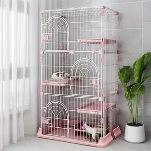 4-Tier Wire Cat Cage Playpen Kennel, 64 Inch Cat Catios Large Space For 1-3 Cats, Pink Cat Crate With 3 Platforms 3 Front Doors 2 Ramp Ladders