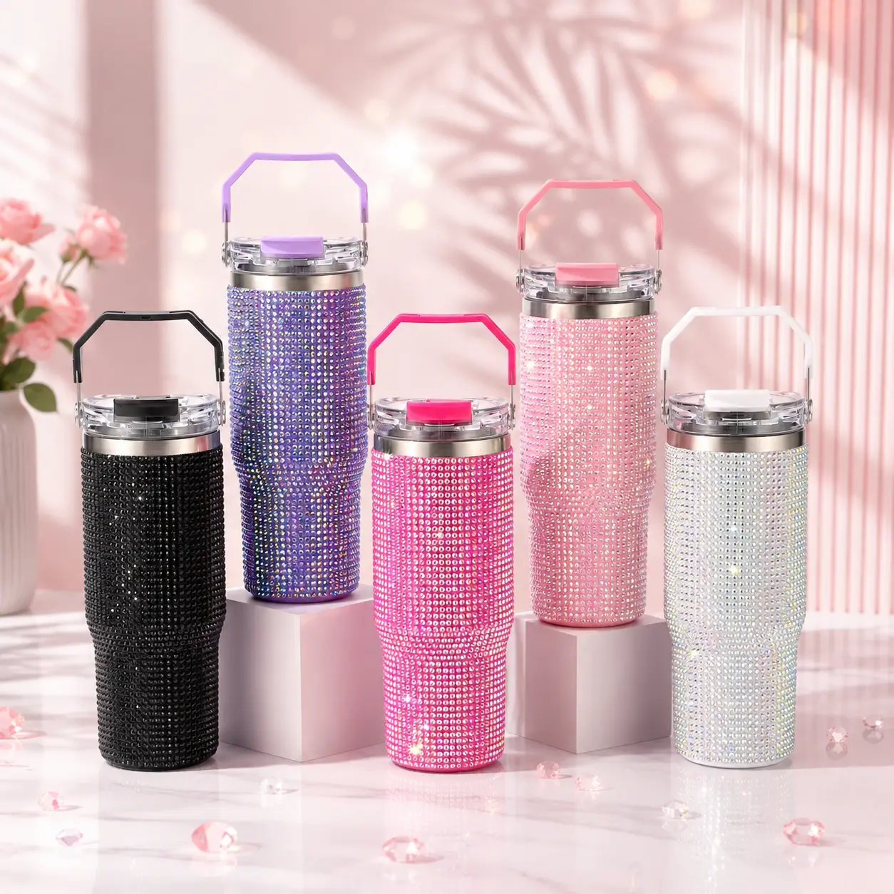 30oz Bling Rhinestone Stainless Steel Vacuum Insulated Tumbler with Handle & Flip Straw Lid, Glitter Drinkware Flask for Travel, Gym & Gifts, Flasks Football Themed