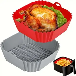Silicone Air Fryer Liner 2pcs Reusable 8 Inches Square Rotundity For 4 To 7 QT Ovens Microwave Red Grey Eco Friendly Non Toxic Odorless High Temperature Resistant