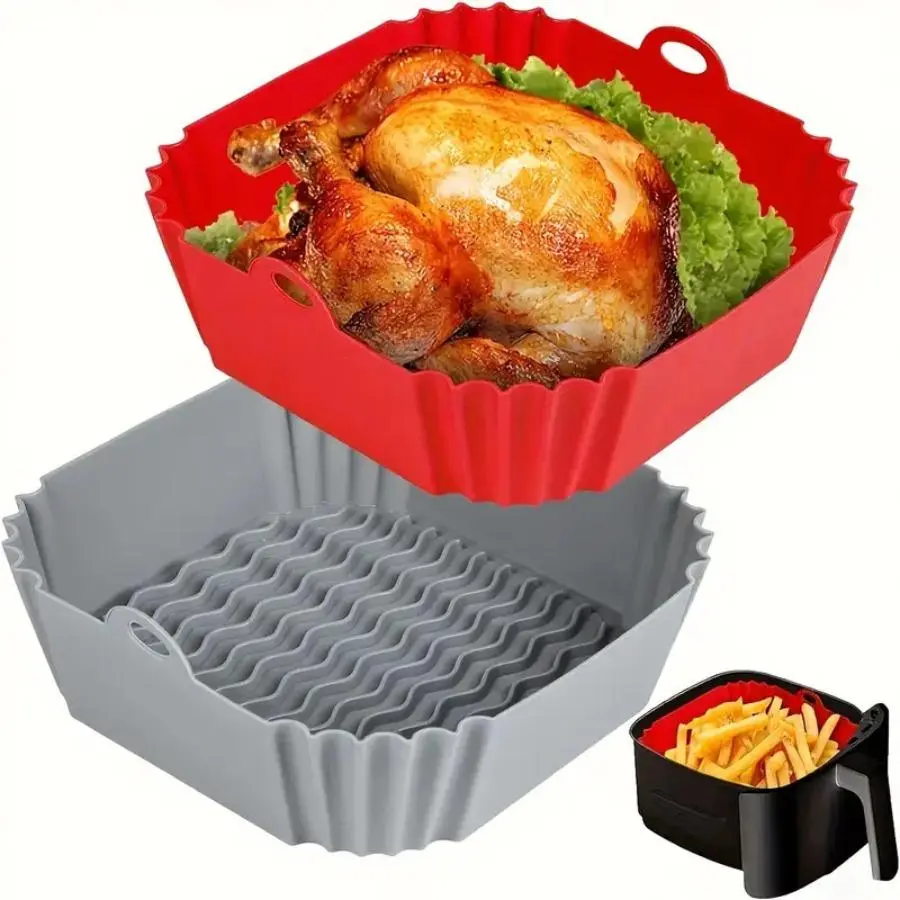 Reusable Silicone Air Fryer Liners (2 Silicone Pads, Red-Gray) - 8" Square/Round, Fits 4-7qt Ovens & Microwave, Eco-Friendly, Odorless, Non-Toxic, High-Temperature Resistant, Wipes Clean Fast