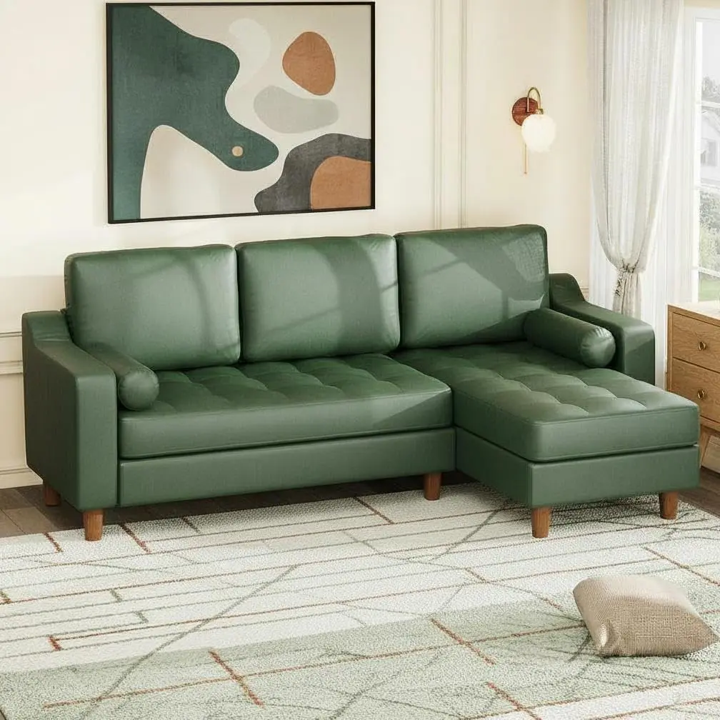 Garvee 88.9" L-Shape Sofa&Couch with Convertible Chaise, Sectional Sofa with Deep Seat, Modern Mid-Century Sofa for Living Room, 3 Seat Comfy Leather Couch, Green