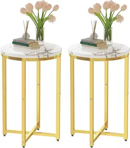 DKLGG Round Side Table Set of 2, Faux Marble Coffee Table End Table Accent Table Set w/X-Based & Sturdy Metal Frame, 16 Inch Nightstand Bedside Table for Bedroom, Living Room, Gold