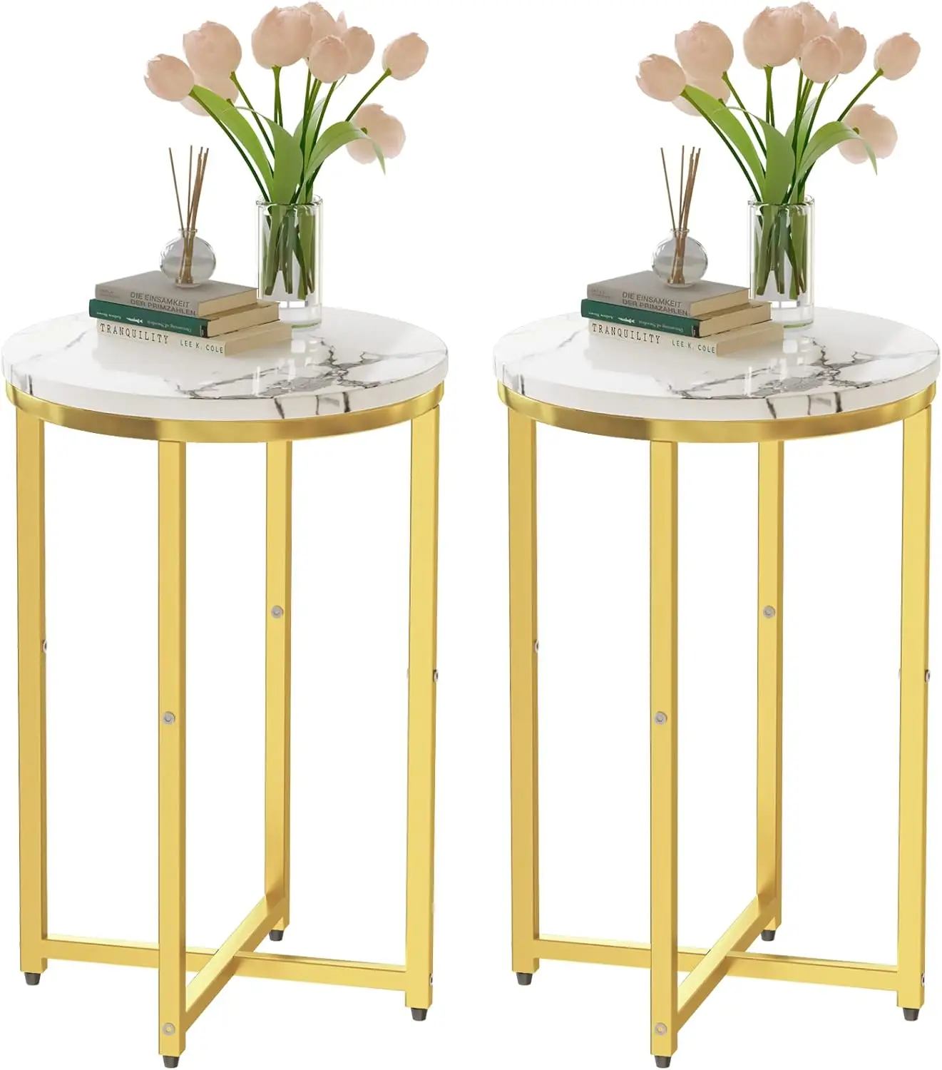 DKLGG Round Side Table Set of 2, Faux Marble Coffee Table End Table Accent Table Set w/X-Based & Sturdy Metal Frame, 16 Inch Nightstand Bedside Table