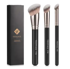 TEOYALL Foundation Contour Conceal Brush Set, 3PCS Angled Synthetic Kabuki Brush for Blending Setting Buffing with Liquid, Cream and Powder Cosmetic (170S/270S/370S)