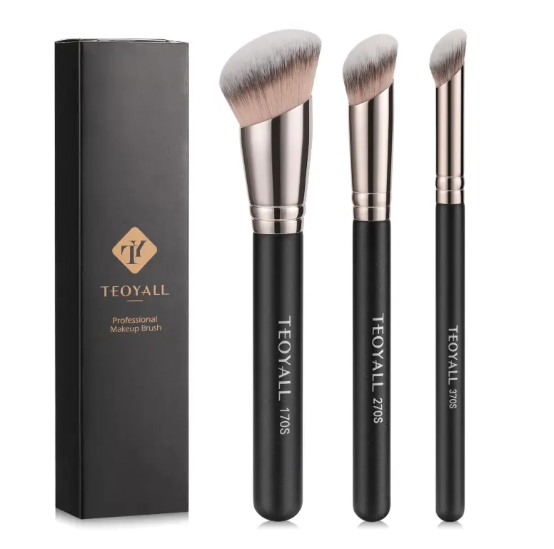 TEOYALL Foundation Contour Conceal Brush Set, 3PCS Angled Synthetic Kabuki Brush for Blending Setting Buffing with Liquid, Cream and Powder Cosmetic (170S/270S/370S)