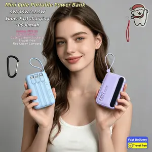 LADAPU Mini Cute 10000mAh Fast Charging Power Bank 5V2A Compact High-Capacity Built-in 4 Cables LED Display Universal Portable Charger for iPhone Android All Smartphones