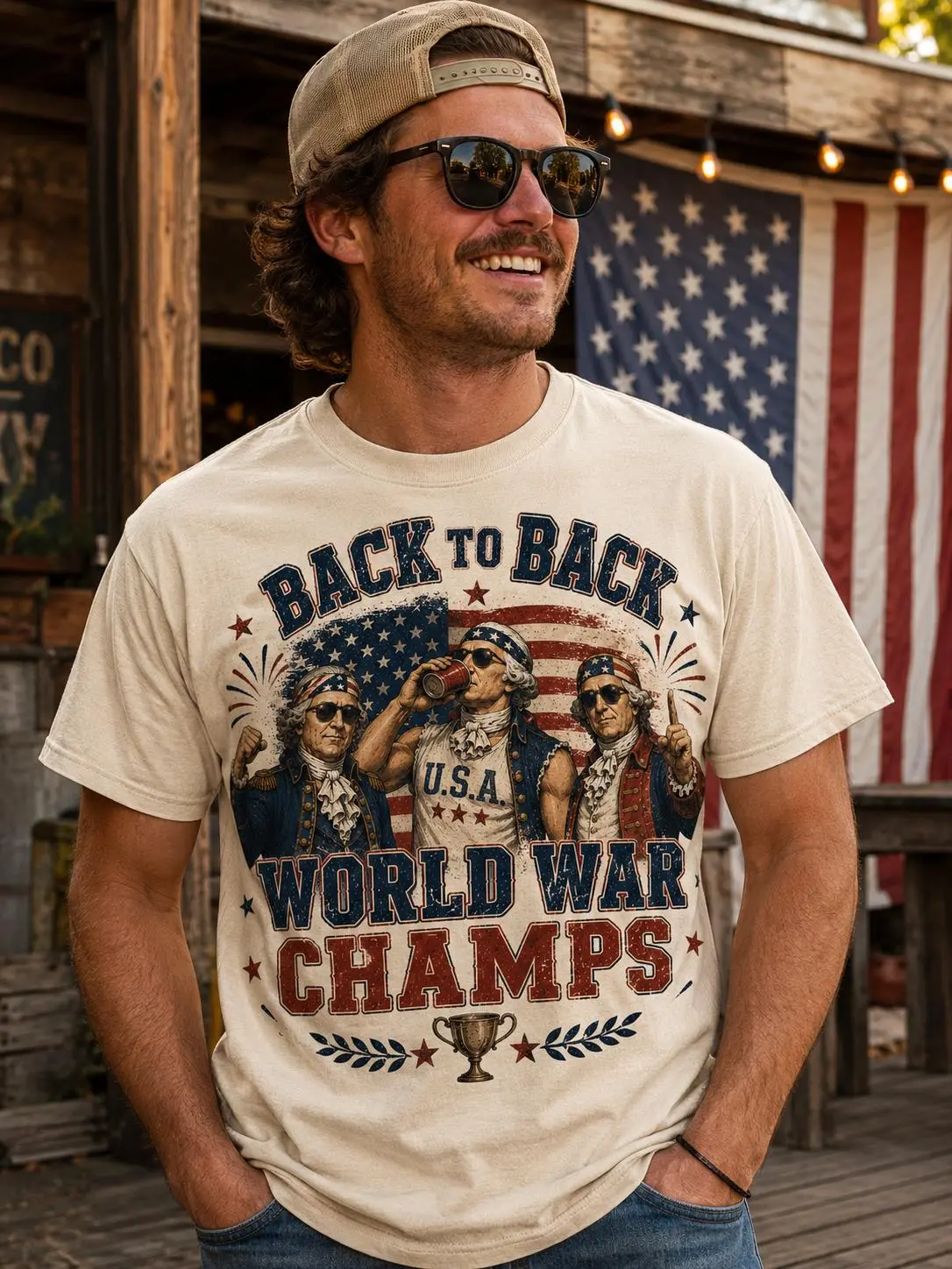Men's Ribbed Short-Sleeve Cotton T-Shirt - Classic Fit, Casual Fit, Lightweight, Soft, Round Neck, All Seasons, Back to Back World War Champs Patriotic USA Vintage Top, 1776-2026 Front-Back Print, Fourth of July Graphic Tee, Menswear, Streetwear