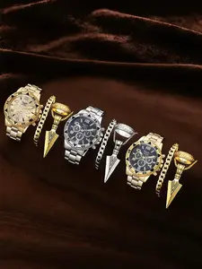 Men's Fashion Watch Set with Necklace Bracelet Ring, Perfect Gift for Thanksgiving Graduation Christmas Birthdays, 12-Piece Business Style Jewelry Kit, Analog Quartz Watch