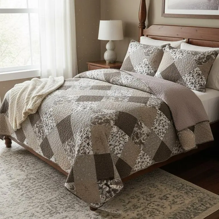 GREAGLE Quilt Set Queen Size 3 Pieces Floral Patchwork Comforter Bedspread Boho Plaid Coverlet Reversible Lightweight Farmhouse Bedding with 2 Pillow Covers Shams for All Season, Brown cozy sheets summer cooling