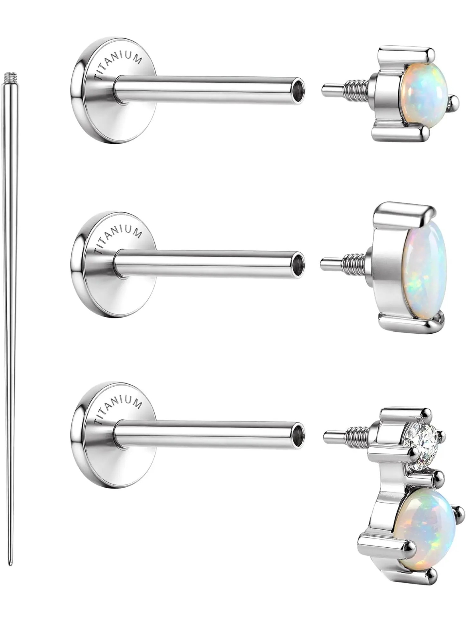 Minimalist 3 Pcs Silvery Small Opal Stud Earrings Titanium Screw Back Hypoallergenic 18G Flat Back Elegant Minimalist Earrings for Women Men Tragus Cartilage Conch Helix Piercing Jewelry Lip Studs Stainless Steel Studs