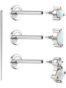 Minimalist 3 Pcs Silvery Small Opal Stud Earrings Titanium Screw Back Hypoallergenic 18G Flat Back Elegant Minimalist Earrings for Women Men Tragus Cartilage Conch Helix Piercing Jewelry Lip Studs