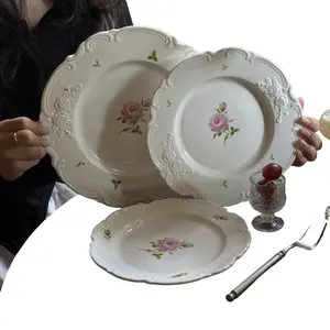 French Vintage Lace Rose Embossed Ceramic Plate, Aesthetic Home Use, Restaurant Afternoon Tea Dessert Plate, Dinner Plates, Western Dinnerware, Gift for Friends