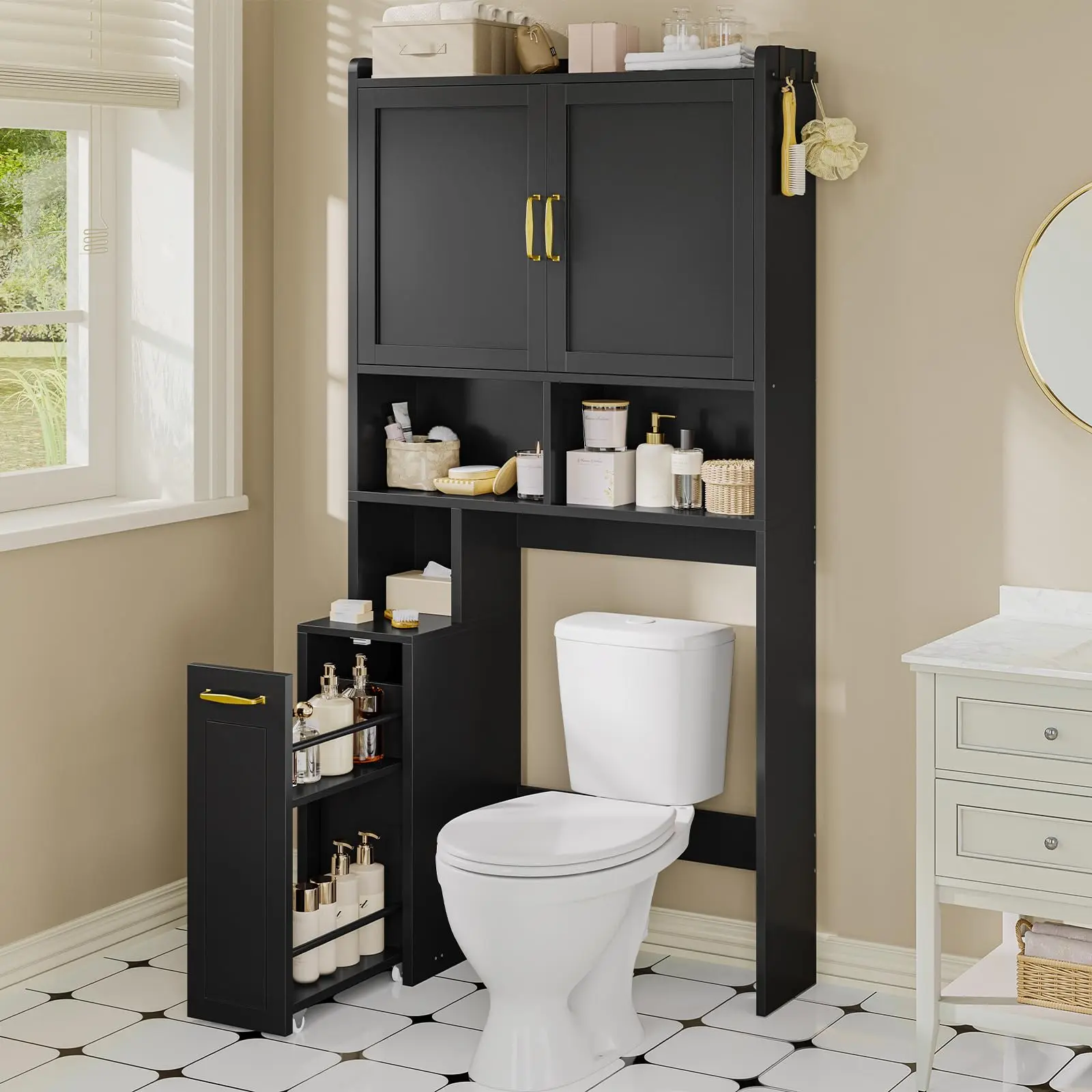 Over the Toilet Storage Cabinet with Pulley, Small Bathroom Organizers with Adjustable Shelf & Hooks,  Freestanding Toilet Shelf for Bathroom, Restroom, Laundry, Space Saving (Black)