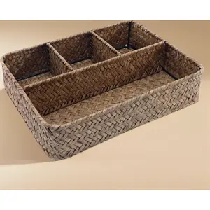 4-Section Wicker Baskets for Tea Bags and Sugar Packets, Seagrass Woven Compartment Organizer, Rattan Divided Storage Basket for Office Desk Shelves Pantry Coffee Countertops, Brown