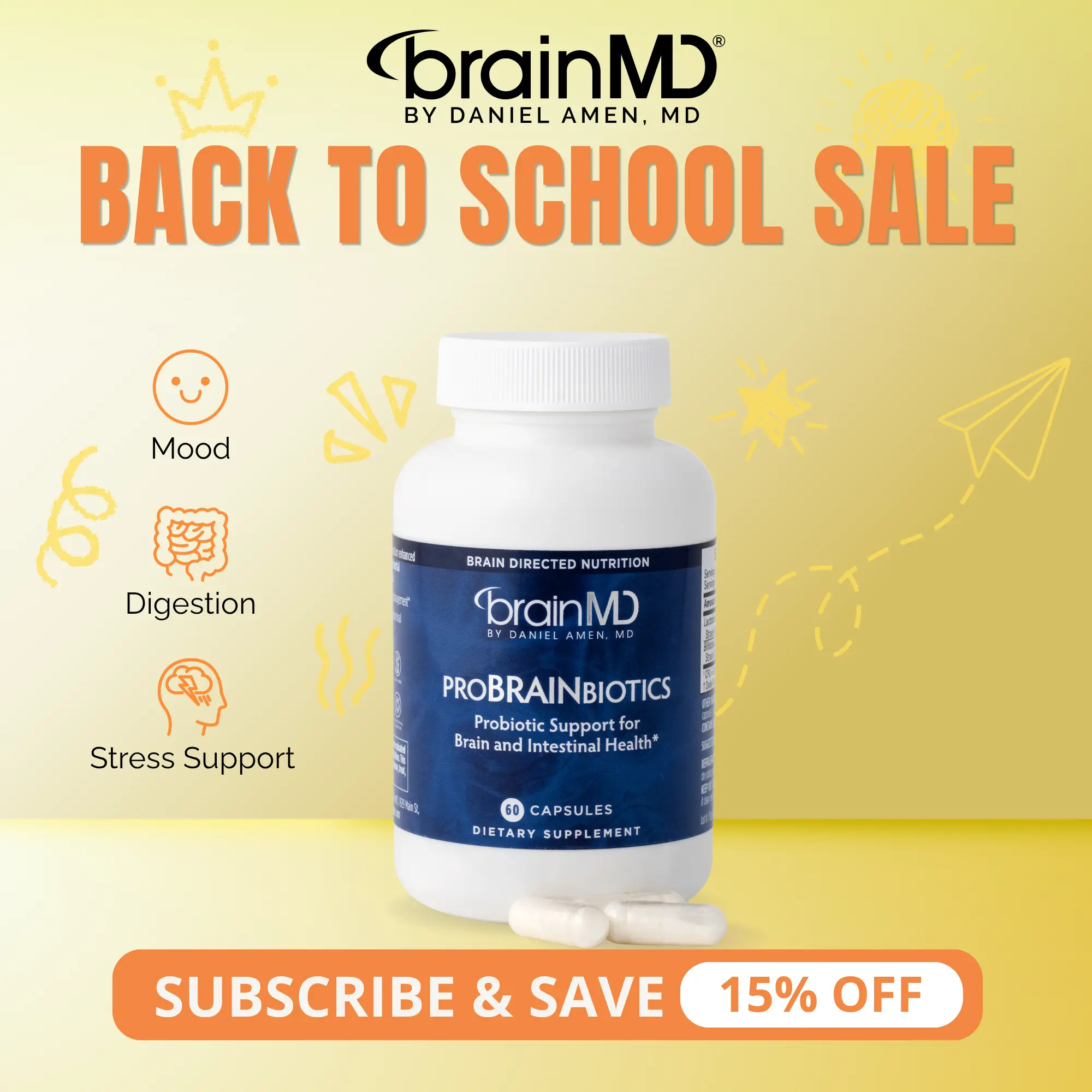 ProBrainBiotics | BrainMD | 60 Capsules | Digestive & Gut Health Support | Mood & Stress Resilience | 2-Strain Probiotic Blend