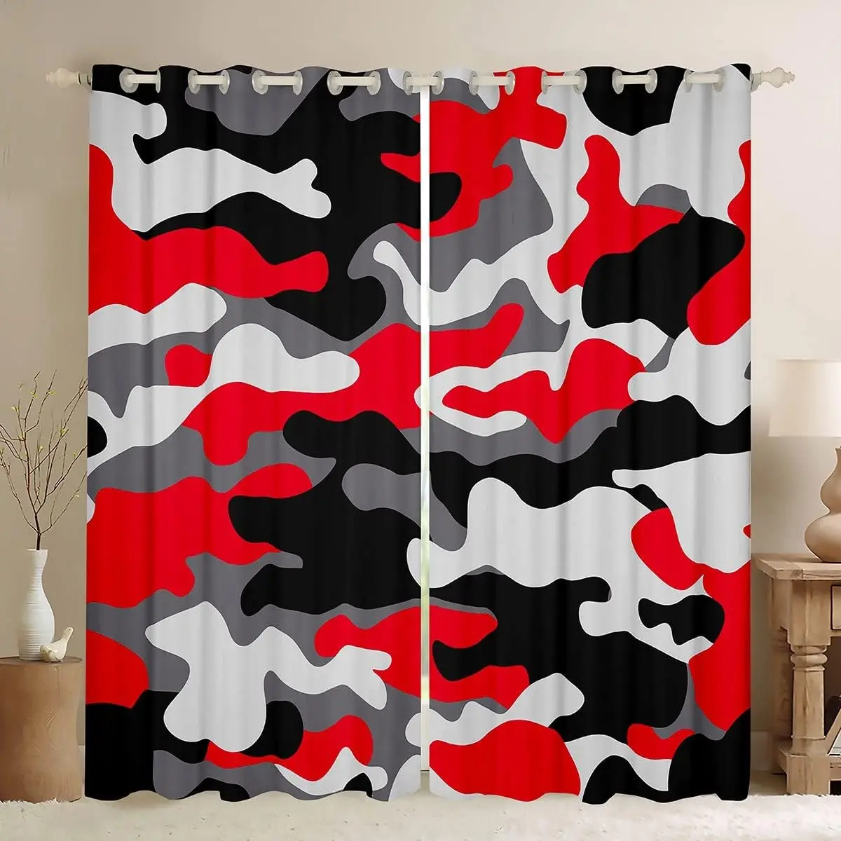 Black Red Camo Curtain,Camouflage Window Curtains 42x63,Army Graffiti Window Treatments Bedroom Decor,Militarily Colorful Abstract Art Shades Drapes 2 Panels