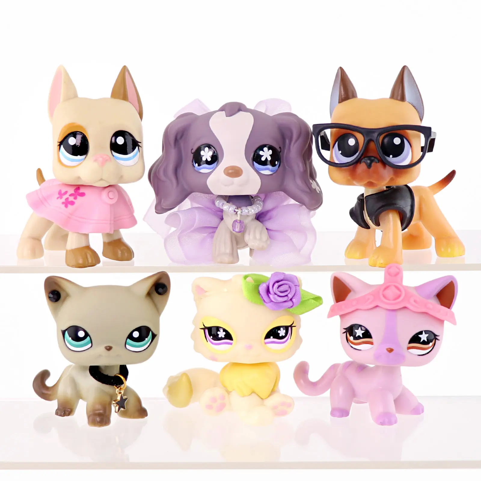 6 Pcs Bobble‑Head Pet Figurines Set, Collectible Mini Stylized Cat & Dog Toys with Removable Accessories, PVC Figures for Desktop Display Kids Birthday Party Gift
