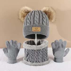 New4pcs Pom Pom Set ✨               Hat+Scarf+Gloves, Warm Knit! Teens Boys/Girls Fall/Winter