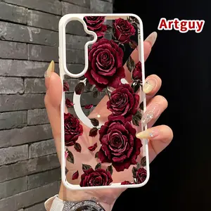 Magnetic Soft Case compatible with Samsung Galaxy S23 Ultra S24 Plus FE S25 S22+ Velvet Rose Pattern Anti-Yellowing Shockproof ultra-thin Silicone Crystal Transparent Acrylic Cover Supports Wireless Charging