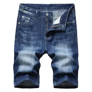Men's Washed Blue Denim Cotton Shorts, Y2K Streetwear Vintage Distressed Jean Shorts, Casual Summer Knee-Length Denim Bottoms, High Street Fashion Staple for Men