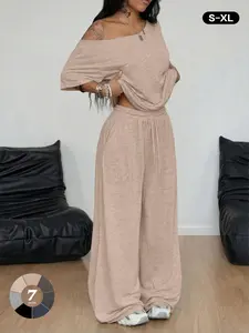 Women's 2 Pack Off-Shoulder Loungewear Sets, Sexy Loose Crop Top & High Waisted Wide Leg Pants, Summer Tummy Control Casual