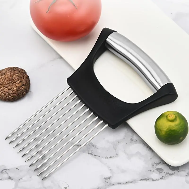 1PC Kitchen & Restaurant Essential Onion Slicer - Stainless Steel Manual Cutter with Safety Holder Needles, Meat Tenderizer & Fruit Vegetable Slicer