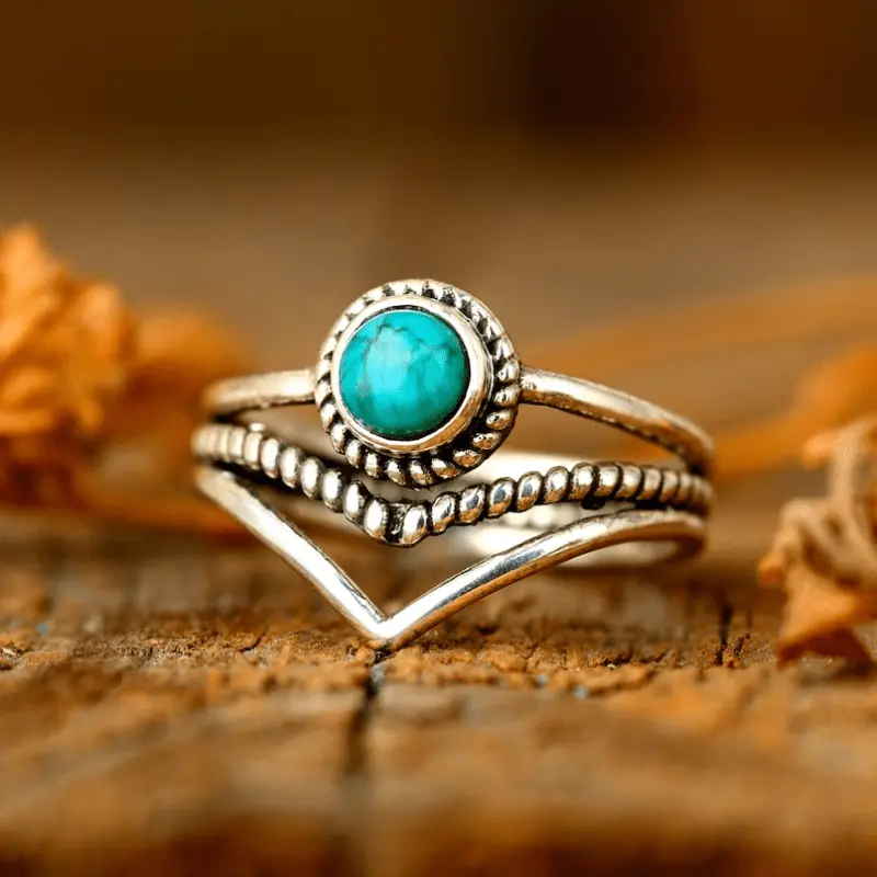High-Quality European-American Blue Round Turquoise Ring - Birthstone, Colored Gemstone, Metal Edge, Asymmetric, Blue Charm Ring - Elegant Costume Jewelry, Ideal Gift for Birthdays, Christmas, Birthstone Rings, Colored Gemstone Rings