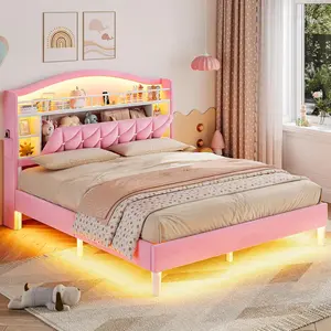ADORNEVE Full Size Bed Frame, Princess Velvet Upholstered Platform Bed for Girls with LED Lights, Headboard Featuring Charging Station, Guardrail and Crystal Buttons, No Box Spring Needed