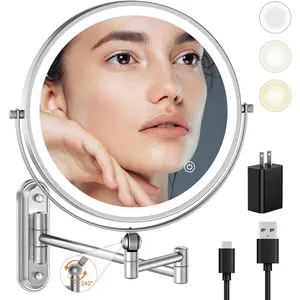 9" Wall Mounted Makeup Lighted Mirror, 4000mAh Rechargeable Double Sided LED  Mirror with Height Adjustable&1X/10X Magnification, 3 Color Lights  Screen Dimmable 360?Swivel Bathroom Mirror