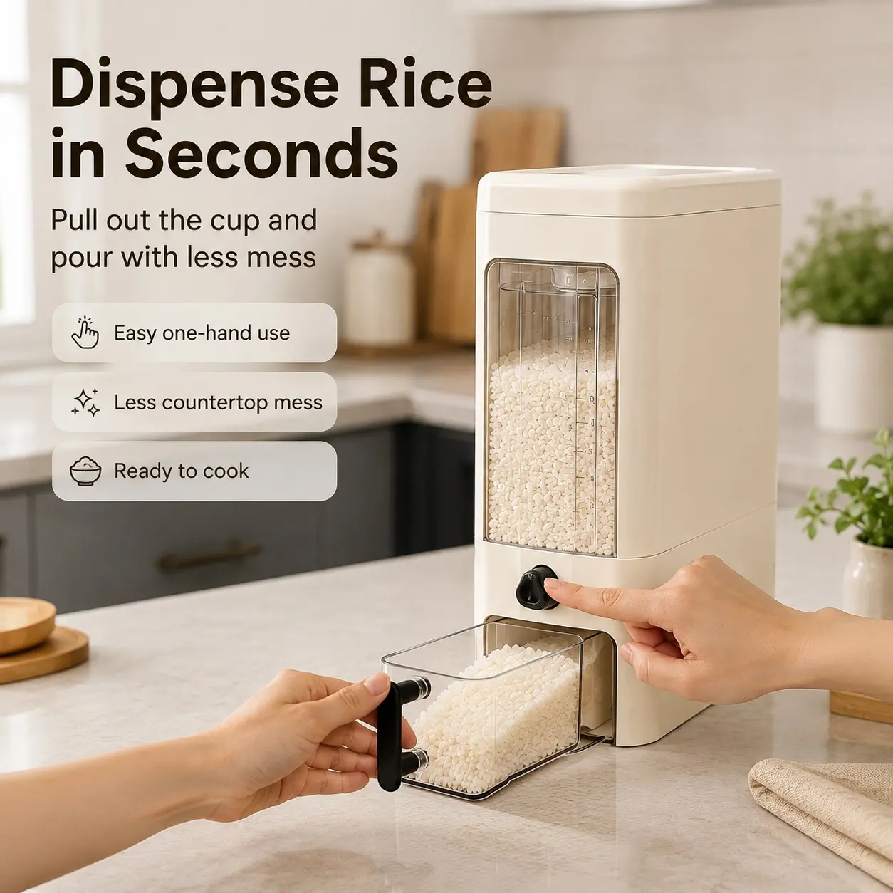 Minimalist 5" Slim Vertical Rice Dispenser Container with Pull-Out Measuring Cup & Transparent Window, Dry Grain Bin for Countertop, Pantry & Narrow Gaps, Stores Rice, Oats, Beans, Cereals (3 Colors)