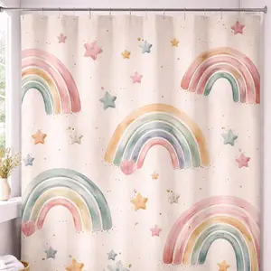 Pastel Rainbow Shower Curtain for Kids, Watercolor Stars Bathroom Decor, Soft Colorful Bathroom Curtain, 72x72 Inch Waterproof Curtain
