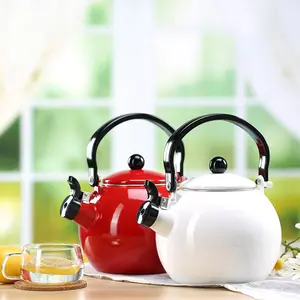 Teakettle 2L Enamel Kettle with Sound Spherical Thickened Material Flat Bottom for Home Use on Gas Stove and Induction Cooker Red & White Options teapot
