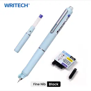WRITECH Retractable Fountain Pen Fine Nib Black Ink Set with 5 Cartridges Smooth Writing No Leak Office Accessories Blue Body