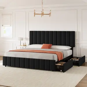 Upholstered Full/Queen/King Size Platform Bed Frame with 4 Storage Drawers, Square Stitched Button Tufted Headboard, Wood Slat Support, No Box Spring Needed, Light Grey