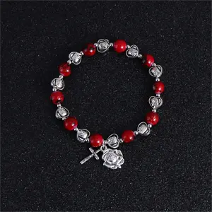Virgin Mary Red Stone Beads Stretch Rosary Bracelet Ave Maria Rose Charm Cross
