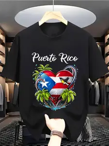 Puerto Rico Flag Heart Coconut Tree Printed Black T - shirt Men's Casual Short - sleeve Top Trendy Summer Daily Wear for Travel Vacation Ideal Gift with Cultural Style Suitable for Fashion - forward Outfits Men's clothing