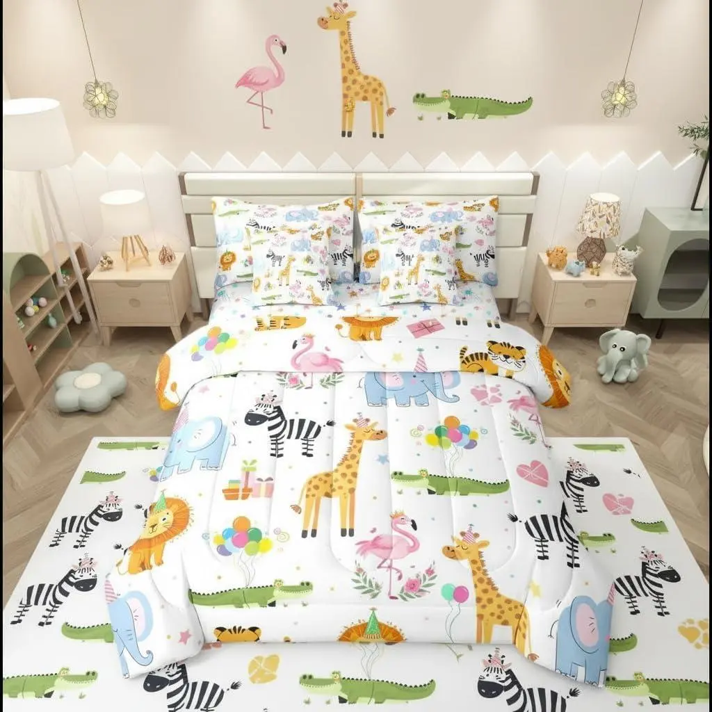 Party Animals 7 Piece Comforter Set for Nursery | Funny Cartoon Wild Animals Bedding Set,Kids Boys Girls Flamingo Giraffe Elephant Zebra Crocodile Sheets Love Heart Floral Quilt