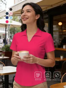 Women's Plain Polo Style V Neck Shirt, Soft Elastic Casual Short Sleeve Top, Breathable All Season Sports Clothing
