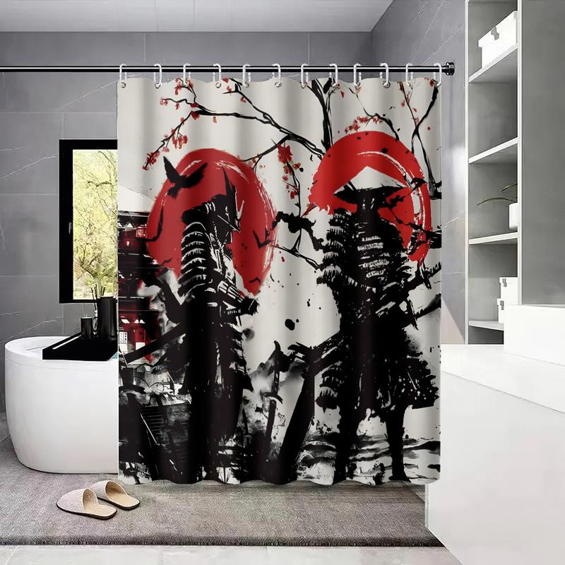 Japanese Ukiyo-e Samurai Shower Curtain Set, 1 Count Shower Curtain Or 4 Counts Bathroom Decoration Set Including Shower Curtain, Bath Mat, Toilet Lid Cover, U-Shaped Mat, Bathroom Accessories, with 12 Hooks
