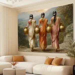 1pc 2D Flat Elegant Polyester Wall Mural - Three Women in Saris Carrying Brass Pots Vibrant Indian Artwork for Bedroom Living Room Outdoor Garden and Event Decor Indian Home Decor Ornaments Artistic