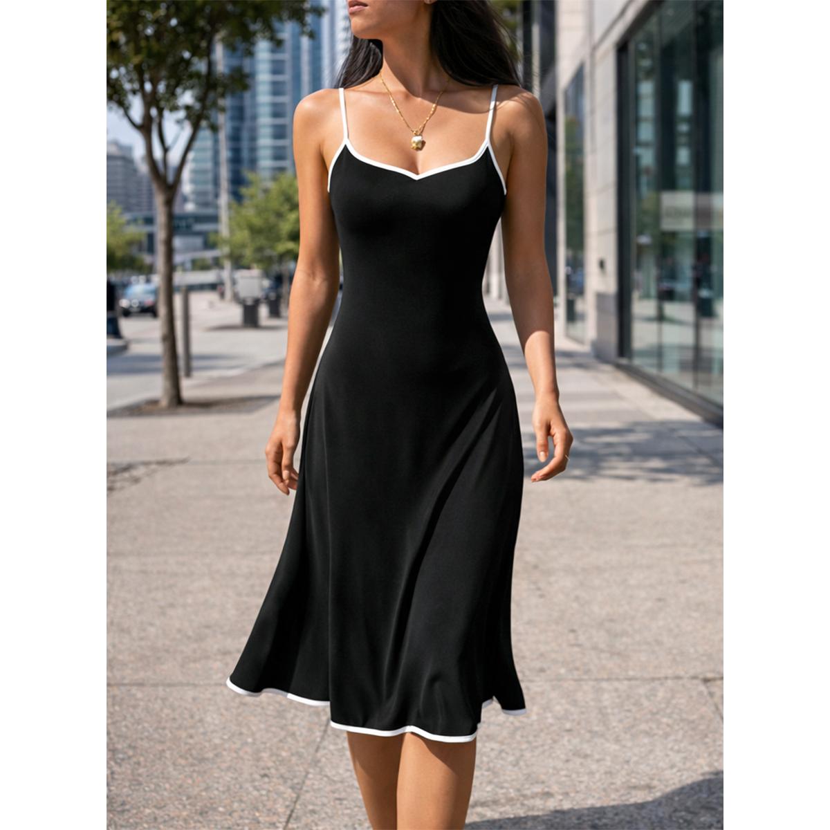 HYZ Women's Sleeveless Color Block Sweetheart Neck Spaghetti Strap Slim Fit Bodycon Flared Hem Party Dress