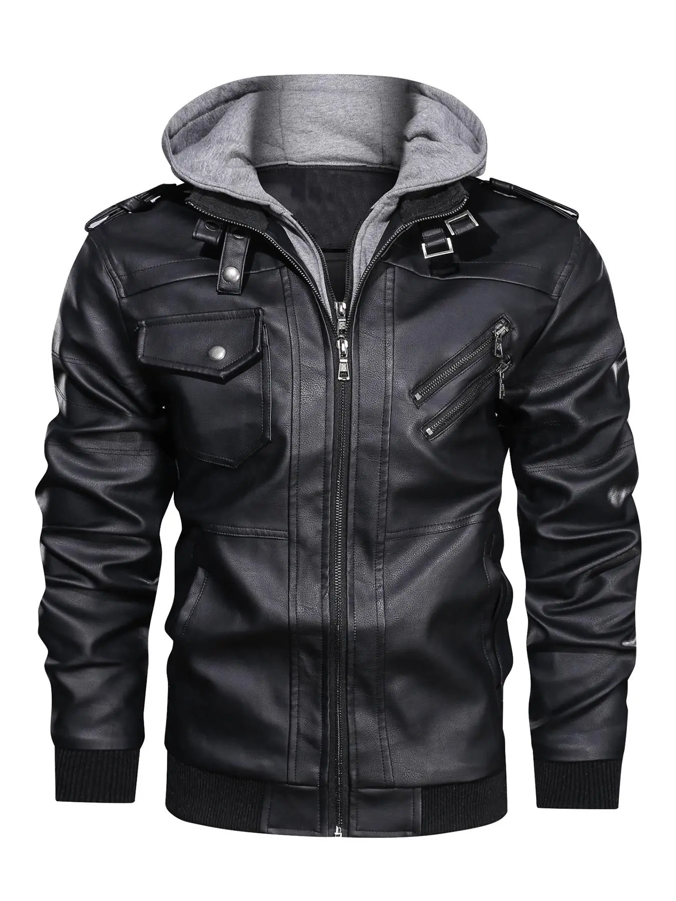 Men's Regular Fit 2 in 1 Zip Up Detachable Hooded PU Leather Jacket, Casual Long Sleeve Pocket Outerwear Coats for Fall & Winter, Men's Clothes for Daily Wear, Fashionable Jacket