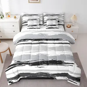 Abstract Black White 7 Pcs Comforter Set,Set,Modern Grey Striped Bedding Set for Adults Men Women Geometric Aesthetic Oil Painting Bed in A Bag