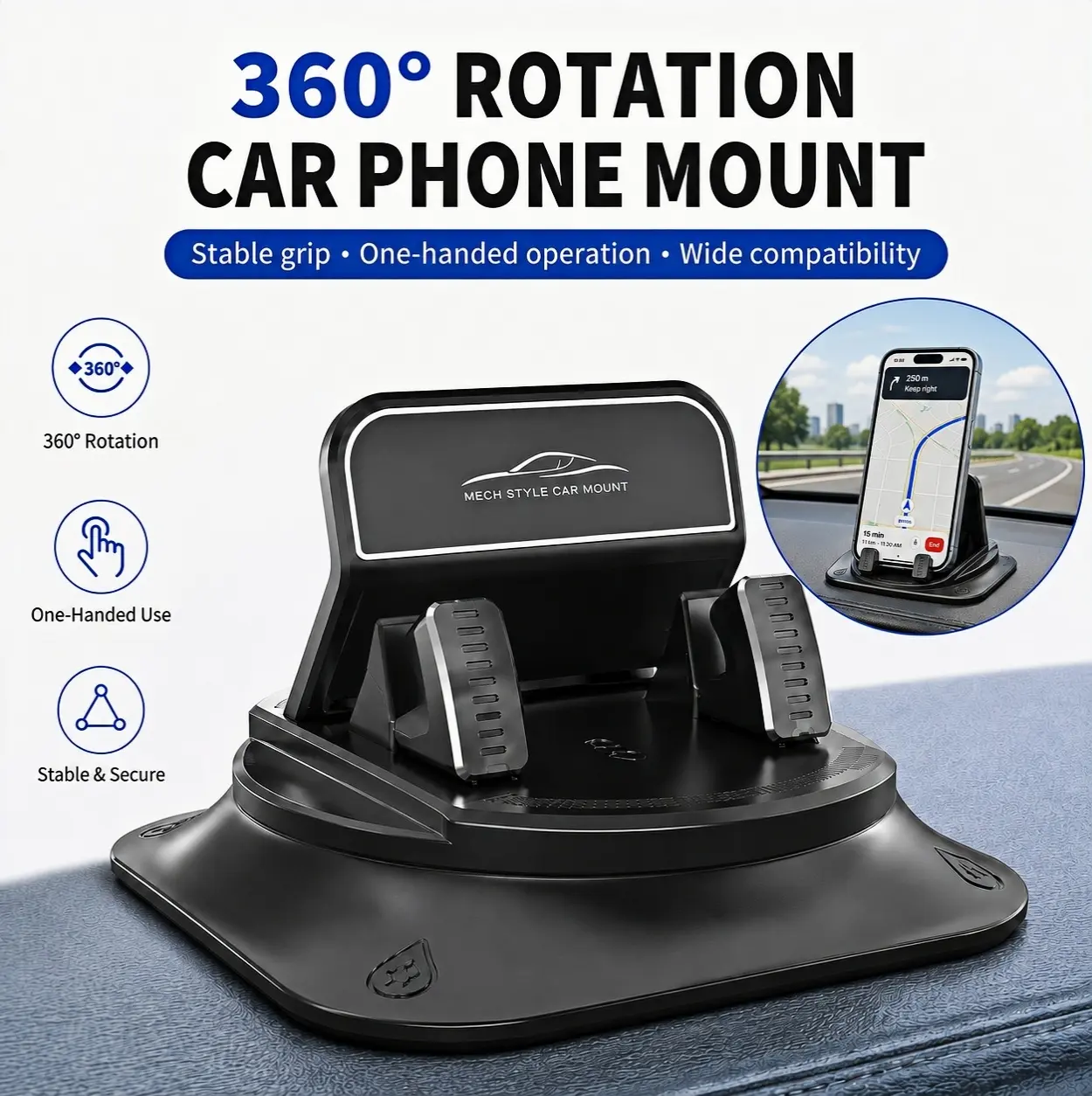 360° Rotating Car Phone Holder for Dashboard & Windshield, Adhesive Phone Mount with No-Residue Non-Slip Base, Horizontal & Vertical Viewing for iPhone and Android Smartphones