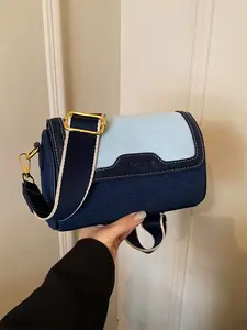 High-End Letter Decor Denim Patchwork Bag, Casual Shoulder Bag, Single Shoulder Crossbody, Suitable for Work and Daily Use, Stylish and Versatile