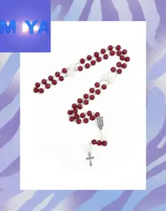 Red Bead Rosary Cross Necklace, Catholic Prayer Chain, Spiritual Religious Jewelry for Men Women