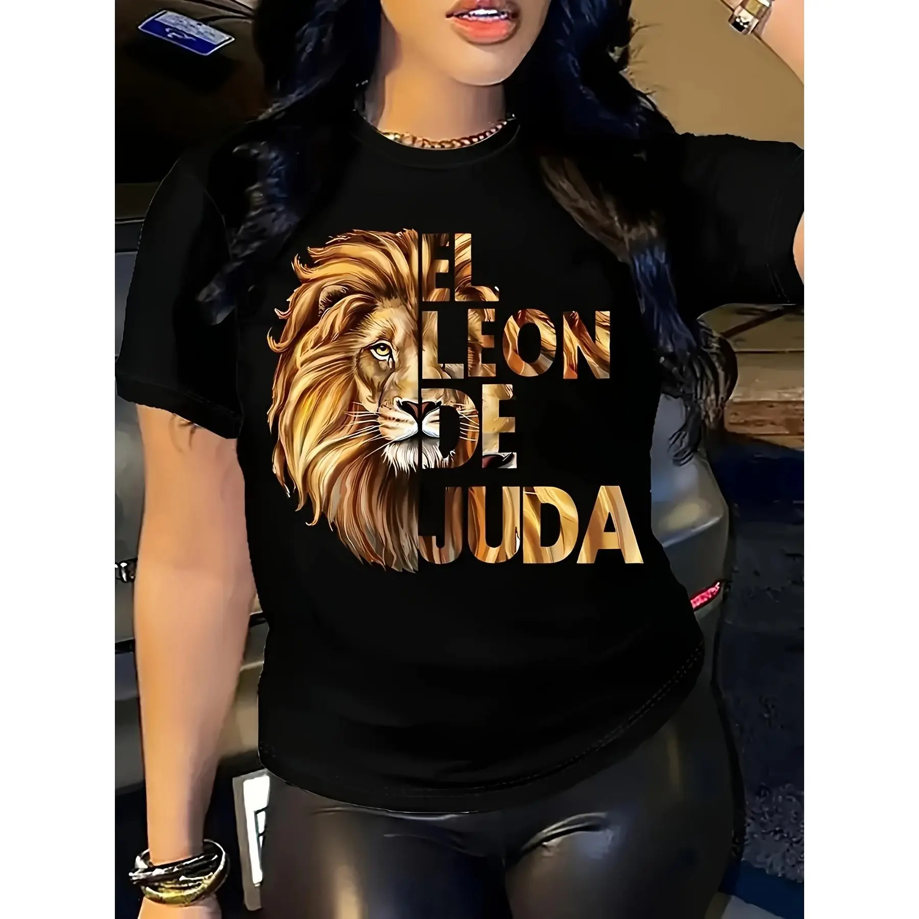 Women's Black Lion Graphic T-Shirt - 100% Lightweight 180gsm Casual Short Sleeve Top with "El León de Judá" Spanish Text & Geometric Print for Spring Summer Fall, Lion T Shirt
