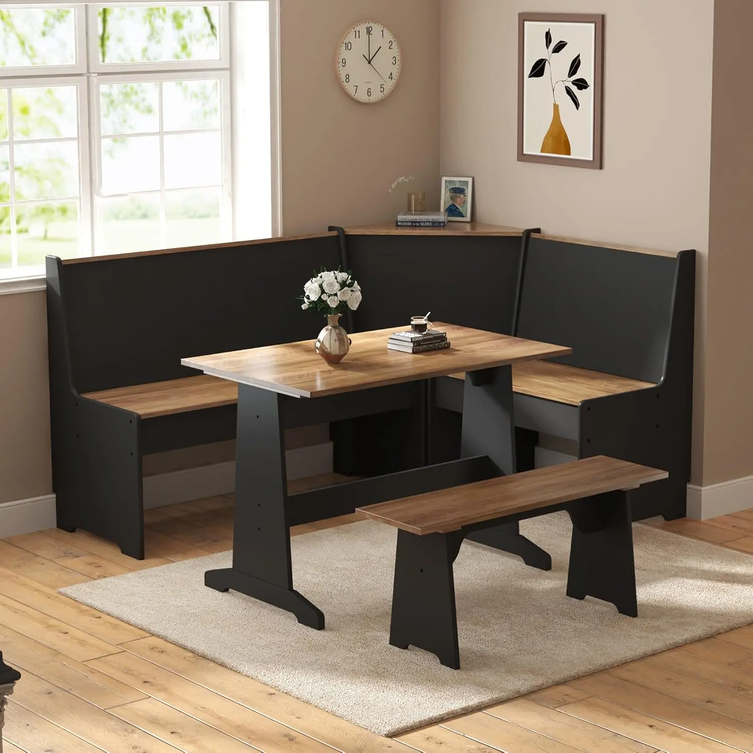 [Summerwins] AMERLIFE 3-Piece Breakfast Nook Dining Set, L-Shaped Corner Bench with Hidden Storage, Space-Saving Kitchen Table Set for Small Spaces, Black & Oak